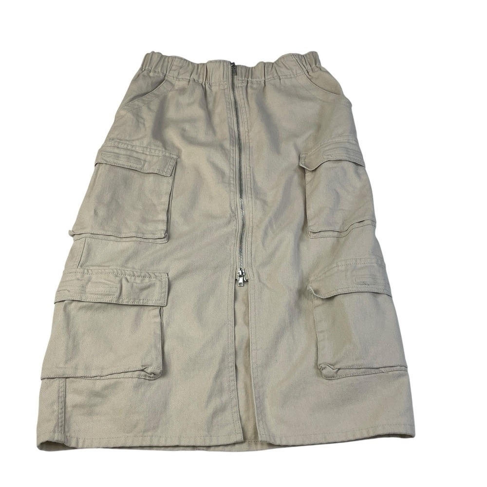 Forever 21 Beige Cargo Midi Skirt M Zip Front Utility Pockets Y2K Streetwear